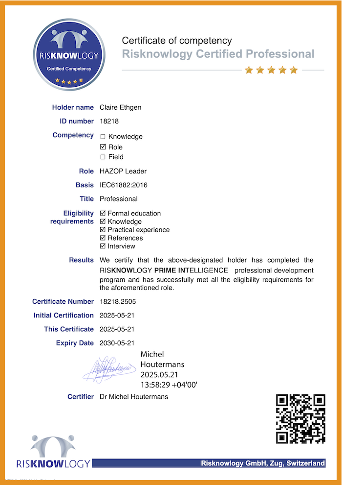 Certified and Leading: Claire Ethgen Becomes a Risknowlogy-Certified HAZOP Leader